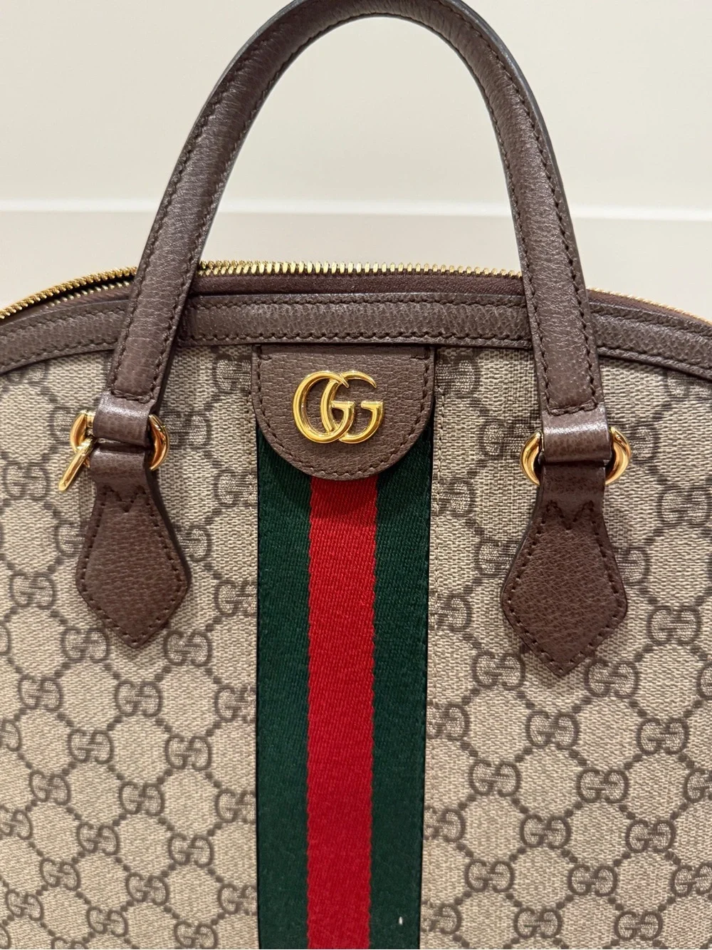 Gucci Brown/Beige GG Canvas Satchel with Green-Red Web Stripe